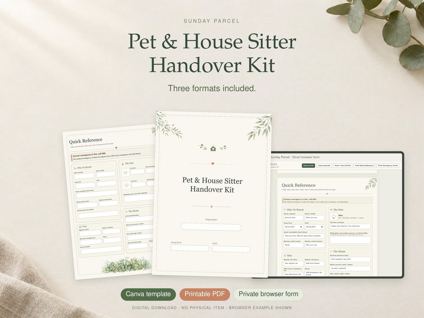 The Pet and House Sitter Handover Kit shown as printed pages and a laptop form