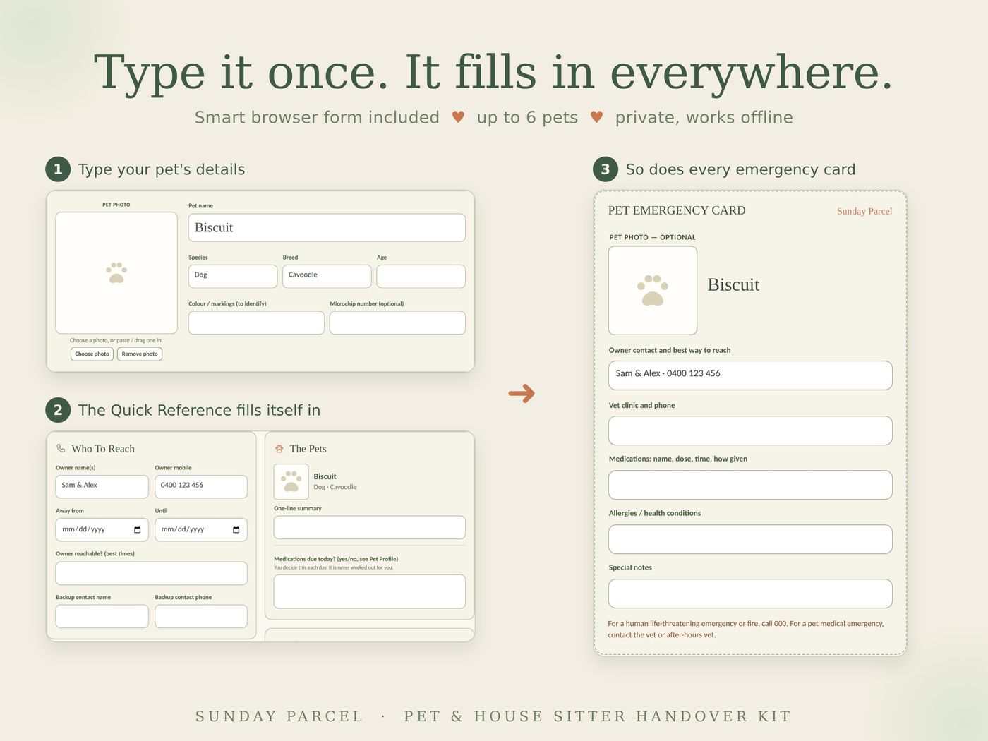 Type it once and it fills in everywhere across the kit