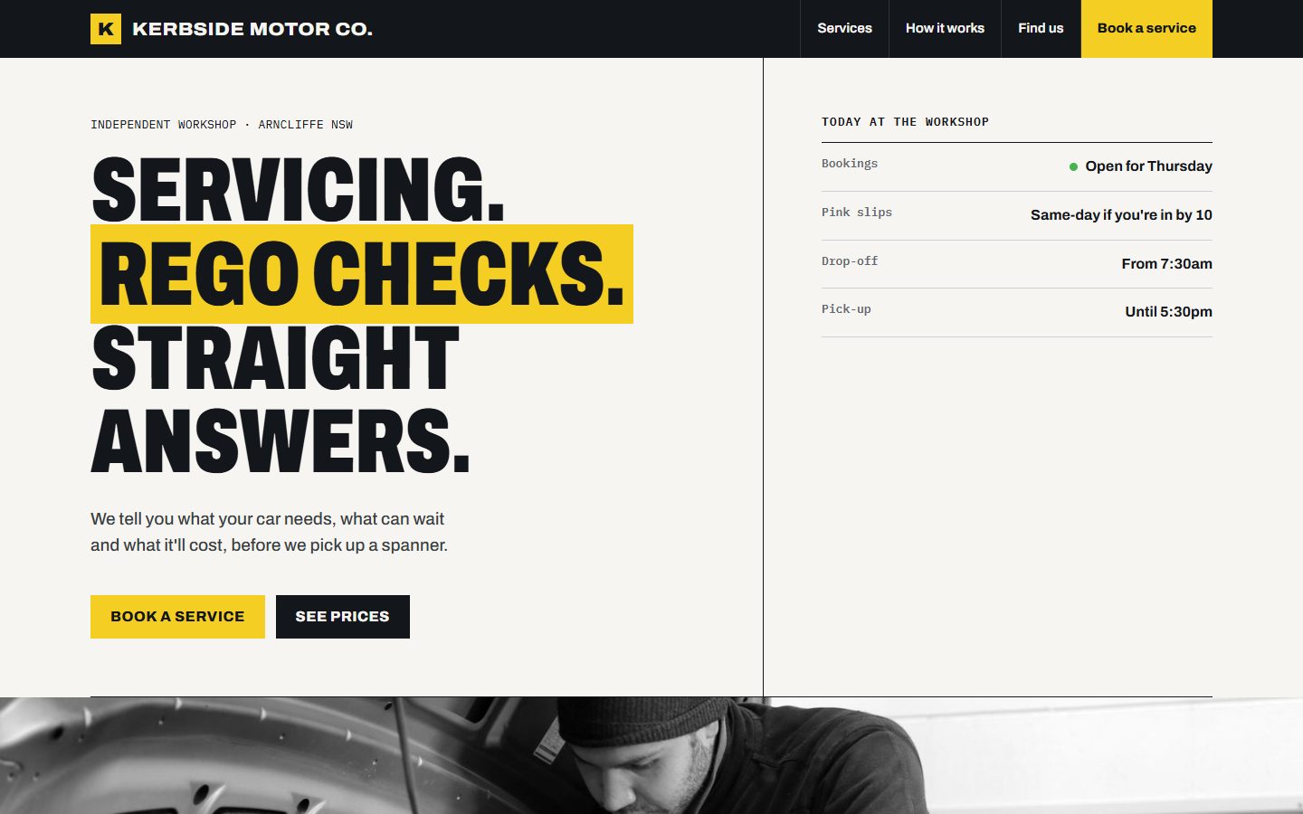 Kerbside Motor Co. concept website: bold condensed headline and a 'today at the workshop' board