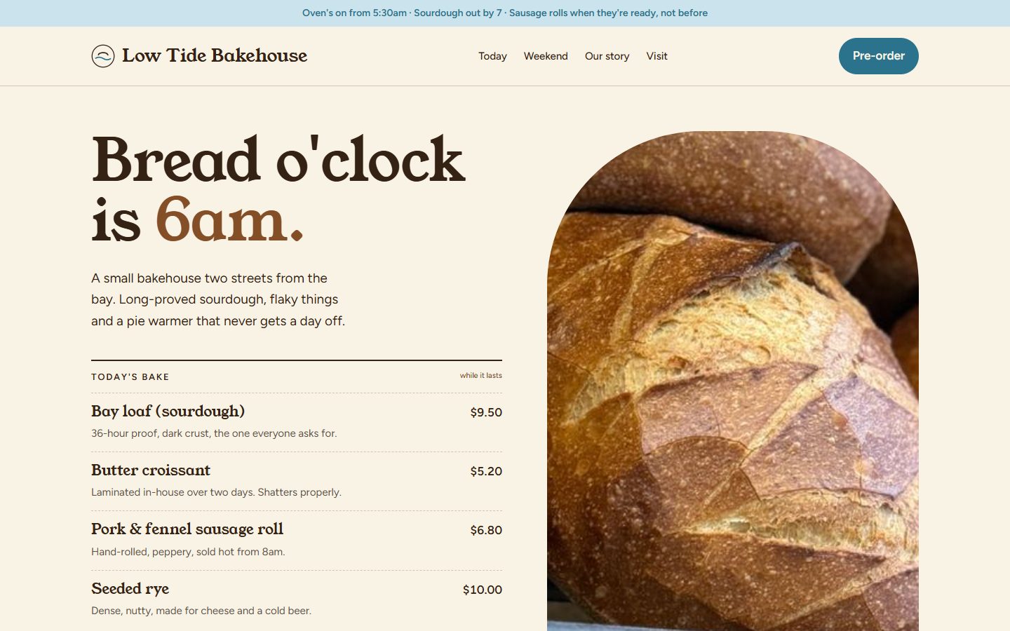 Low Tide Bakehouse concept website: today's bake menu beside a photo of sourdough loaves