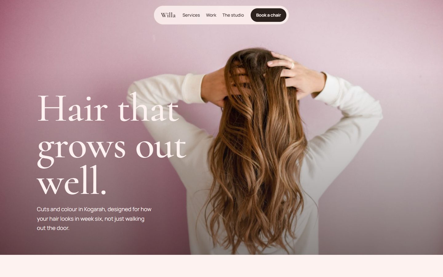 Willa Hair Studio concept website: full-bleed portrait with the headline 'Hair that grows out well'